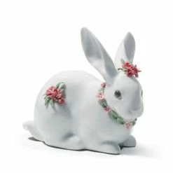 Lladro - Attentive Bunny Figurine W/Red Carnations